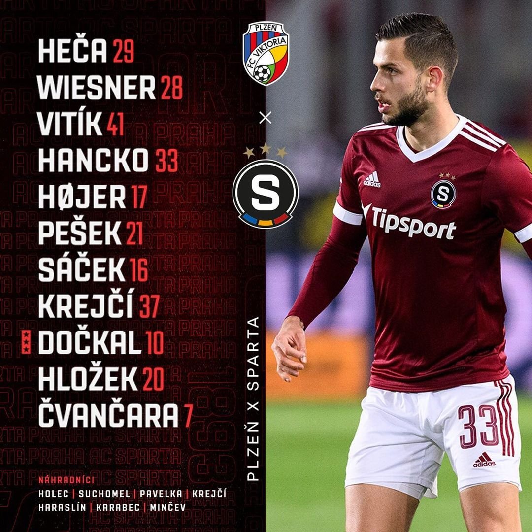 1️⃣1️⃣ SESTAVA | Do utkání v Plzni nastoupíme v tomto složení:

? Heča - Wiesner, Vitík, Hancko, Højer - Pešek, Sáček, LK37, Dočkal, Hložek - Čvančara.

❗ Zdraví do hry i nadále nepustí Čelůstku a Panáka. #acsparta